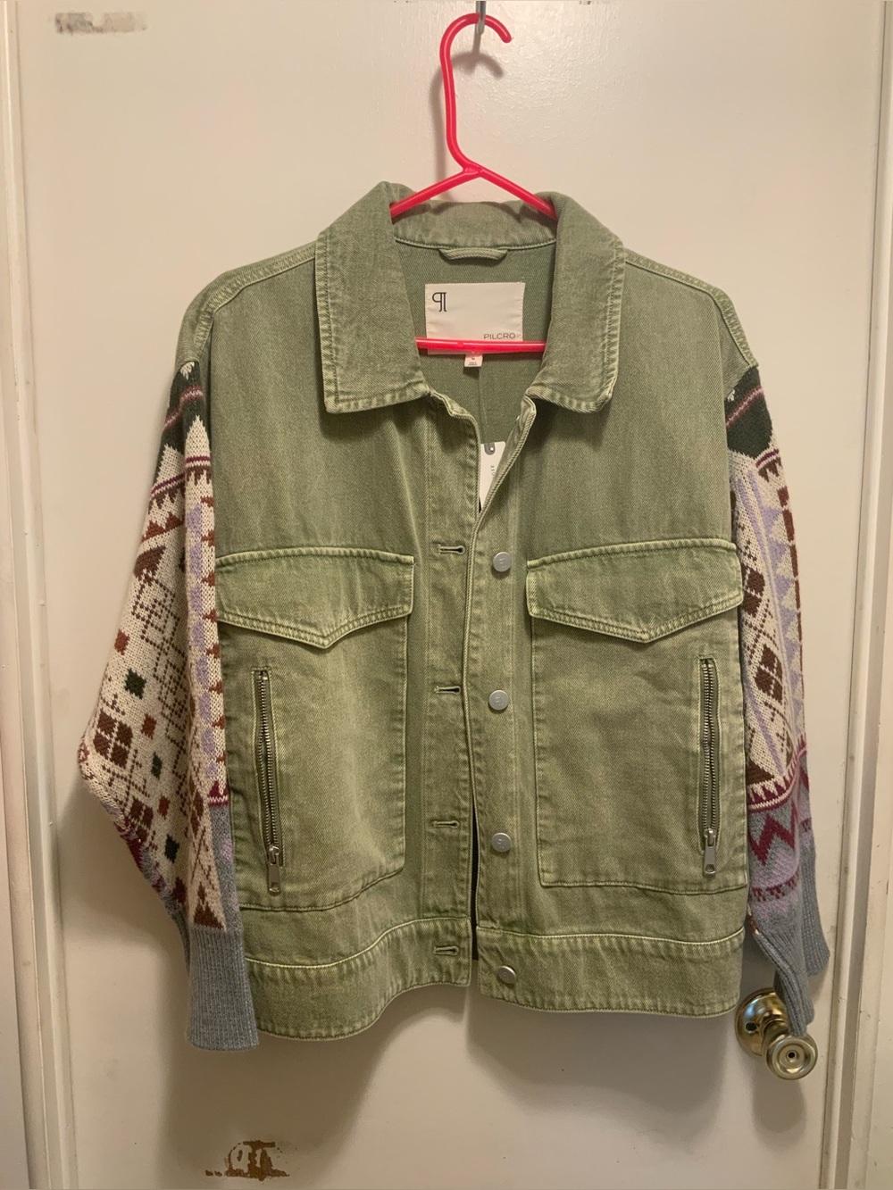 Pilcro Avocado Green Denim Jacket with Patterned Knit Sleeves